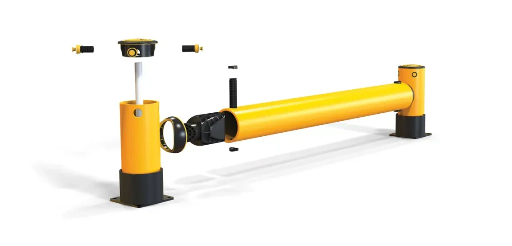 Componentes internos de la barrera iFlex RackEnd® para protección de estanterías industriales contra impactos de montacargas.